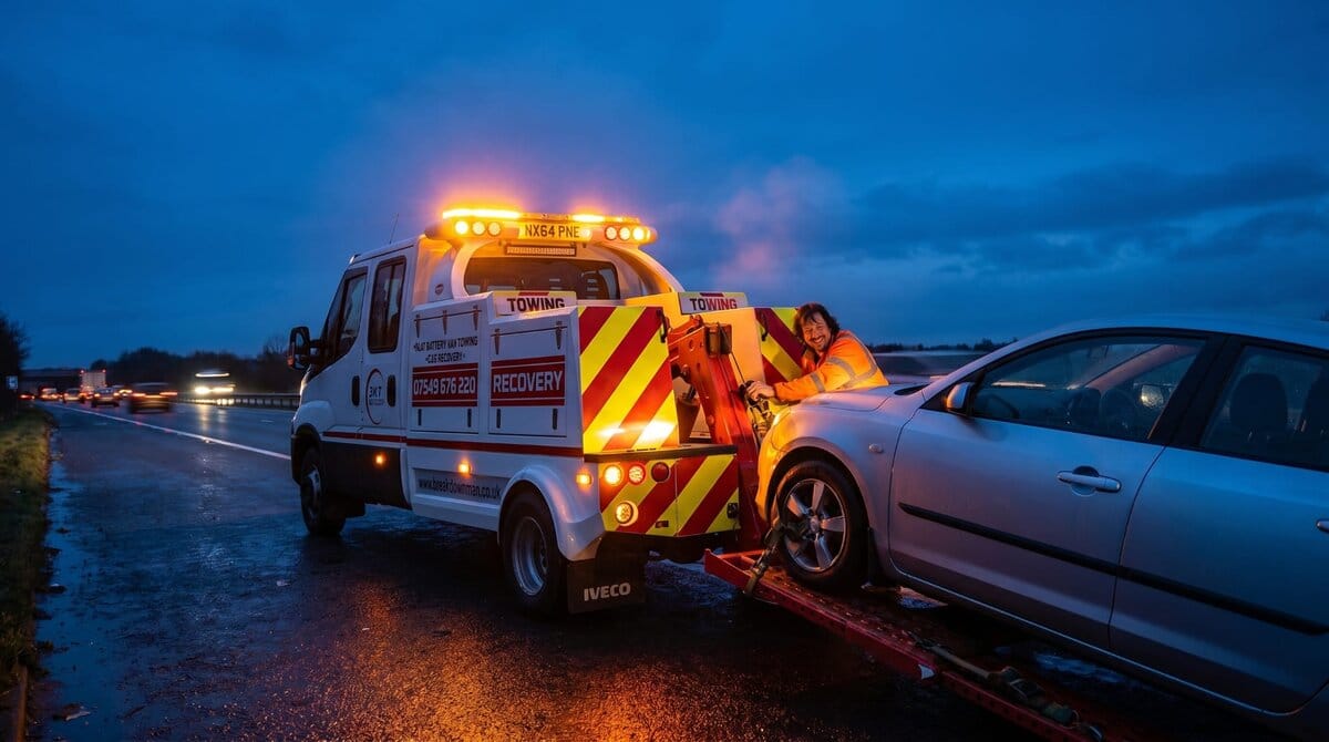A driver assisting a stopped car on a UK dual carriageway