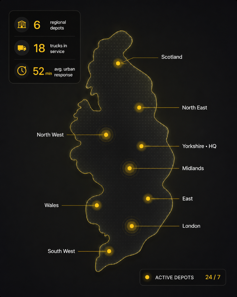 Map of the United Kingdom showing our six regional depots — Scotland, North East, North West, Yorkshire (HQ), Midlands, East, Wales, London and South West — with 18 trucks in daily service and an average urban response time of 52 minutes.